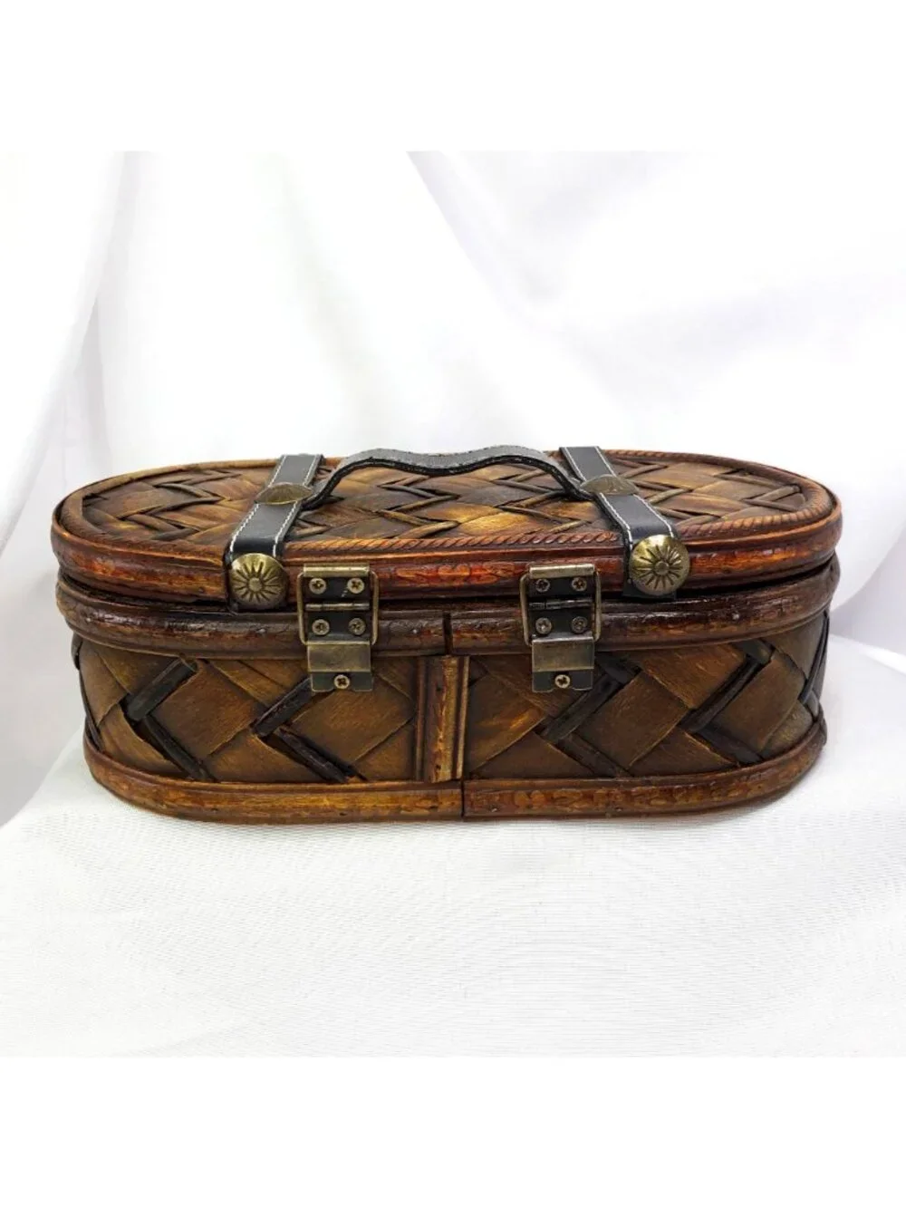 Vintage Wooden Woven Storage Basket With Leather Straps & Metal Accents 10